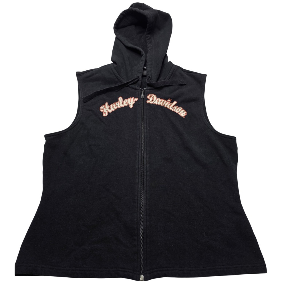 Harley-Davidson Womens XL Black Sleeveless Zip Up Hoodie Fleece Vest Embroidered